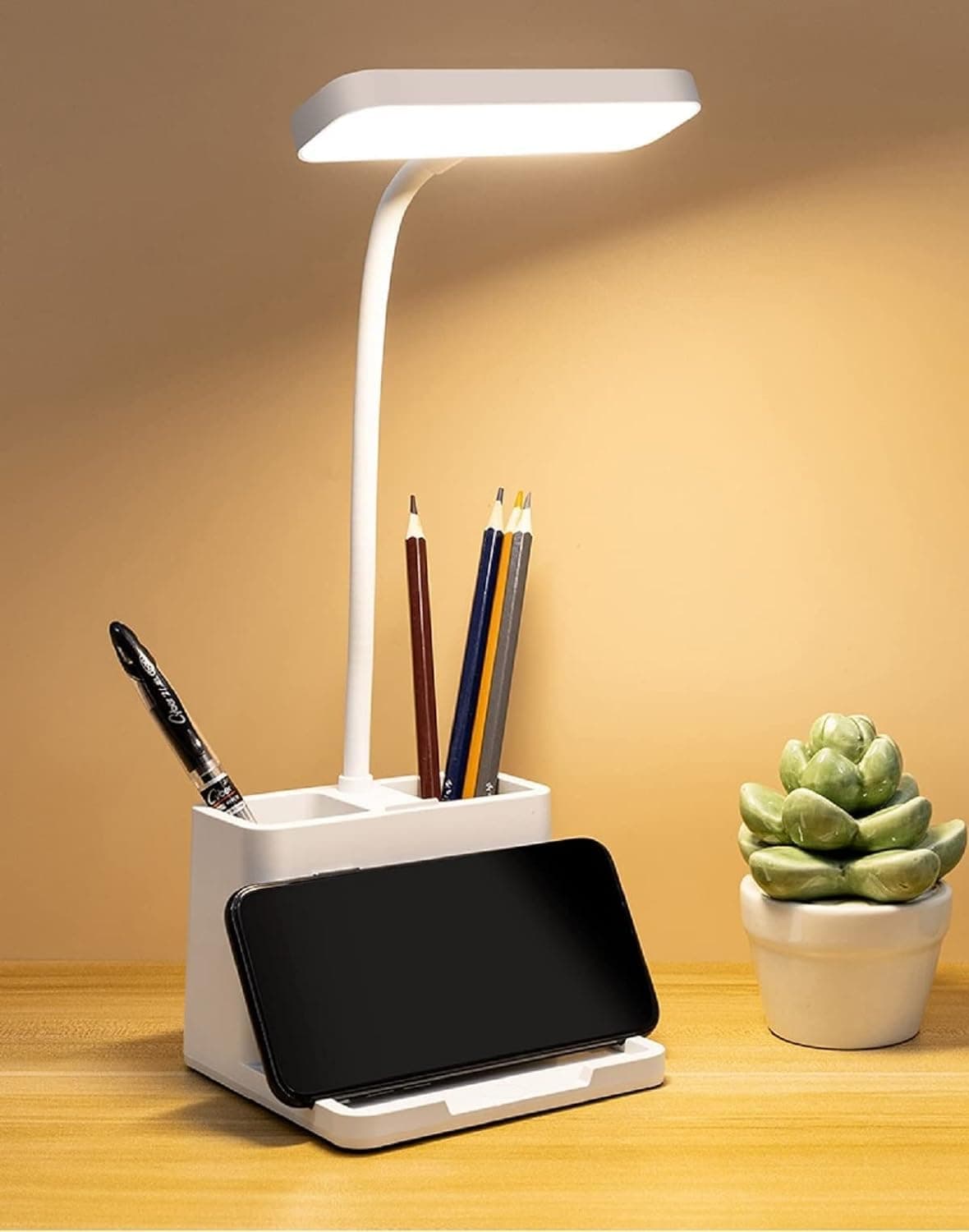 FLYNGO Plastic 3 Color Mode Led Study Table Desk Lamp For Students With Pen & Phone Holder, Rechargeable Touch On/Off Studying (204White)
