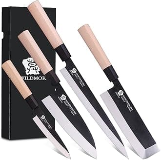 Set of 4 GYUTO Sushi Chef Knives-Yanagiba-Deba-Nakiri-Utility Kitchen Knife, Fish Slicing Filleting Knife Sets with German Steel Blade & Traditional Wooden Handle
