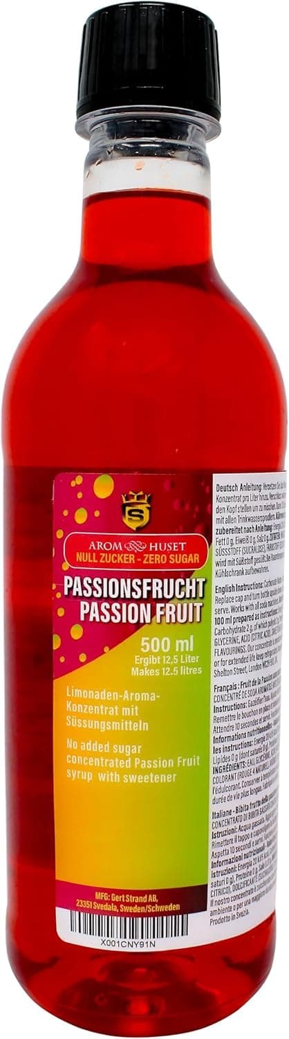 Aromhuset Passion Fruit Soda Concentrate 500ml - Zero Sugar - Make 12.5 Litres of Sugar-Free Soft Drink by Adding Flavouring to Carbonated Sparkling Fizzy Water