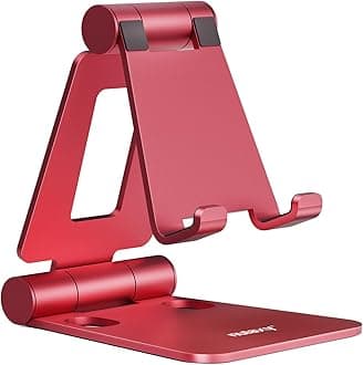 Nulaxy Dual Folding Cell Phone Stand, Fully Adjustable Foldable Desktop Phone Holder Cradle Dock Compatible with iPhone 17 16 15 14 13 12 11 Pro Max Xs Xr X 8, Nintendo Switch, All Phones - Red
