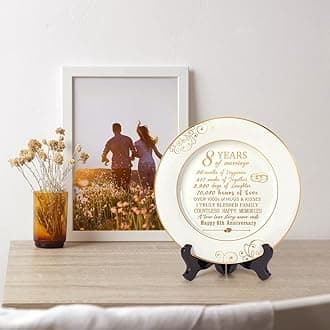 Urllinz 8th Anniversary Plate with 24k Gold Foil-Bronze Anniversary Wedding Gifts for Her Him,8 Year Anniversary Decorations Gift for Couple Wife Husband,Ceramic Plate with Stand 9"