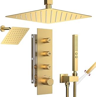 Thermostatic Dual Shower System Brushed Gold,Push Button Diverter Rainfall Shower Faucet Set with 2 in 1 Handheld Spray,12'' Ceiling Mount and 6'' Wall Mount Rainfall Shower System