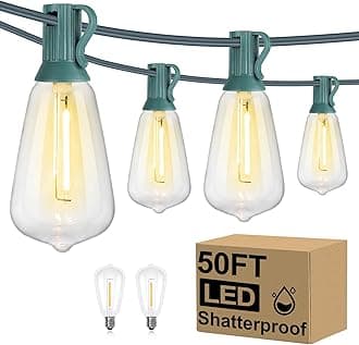 Brightever 50FT Outdoor String Lights Waterproof, 2700K Bright LED Patio Lights with 27 ST38 Shatterproof Vintage Bulbs, Retro Edison String Lights for Outside, Garden, Christmas Decor, Green Wire
