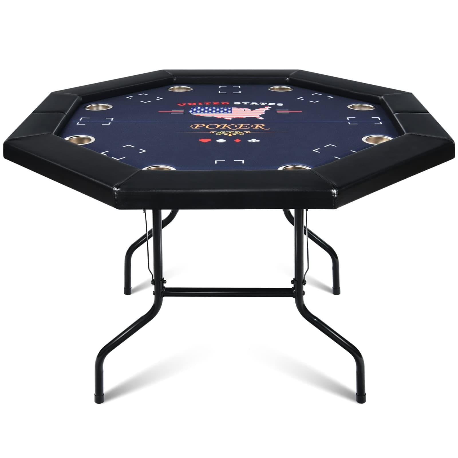 48" Poker Table Foldable, 8 Player Octagon Folding Portable Card Table with Padded Rail, 8 Deep Meatl Cup Holders & Casino-Grade Felt Surface for Texas Holdem, Blackjack, Easy Assembly (Black)