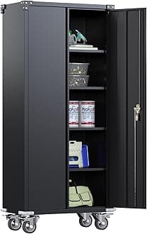 SUXXAN Metal Garage Cabinet with Wheels and Pegboard 71'' x 32'' x 16'', Lockable Rolling Steel Cabinet with 5 Adjustable Shelves and Door for Garage, Office, Kitchen, Assembly RequiredRecycled Claim Standard 100