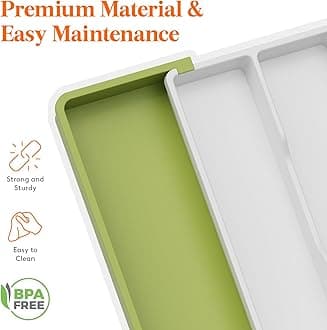Lifewit Cutlery Tray for Drawers, Large Kitchen Utensil Holder, Expandable to 57cm, Depth 38cm, Plastic Cutlery Holder, Kitchen Organizer for Knives/Forks, Green and White