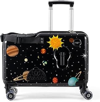 LIL FLYER GO Version 2 Ride On Suitcase for Kids | Carry On Luggage with Toddler Seat, Foldable Handlebars, Pedals, and Removable Wheels | Holds up to 80 lbs | SPACE | Ages 2-6