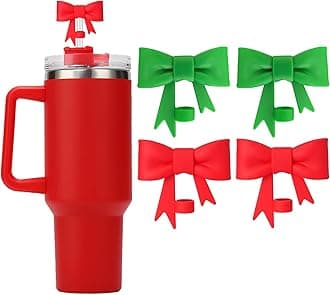 Christmas Bow Straw Covers Cap Toppers Compatible with Stanley 30&40 oz Tumbler Cups, Cute 10mm Reusable Silicone Straw Topper for Stanley Tumbler with Handle, Stanley Cup Accessories, 4Pcs