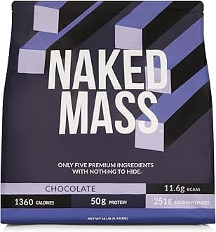 NAKED Chocolate Mass Gainer - All Natural Weight Gainer Protein Powder - 12LB Bulk, NSF Certified, GMO Free, Gluten Free & Soy Free. No Artificial Ingredients - 1,360 Calories