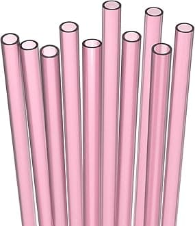 10 Long Reusable Hard Pink Plastic Drinking Straws, Medium Width + Sturdy Cleaning Brush - for Tumblers, Mason Jars, Smoothies and Milkshakes - Dishwasher Safe BPA Free