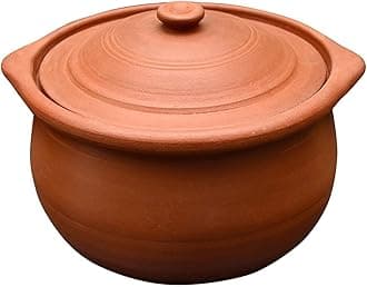 EZAHK Handmade Clay Earthen Nonstick Kadai Pot with Lid for Cooking & Serving - Natural and Traditional Pure | 3 liter