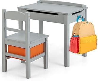 Costzon Kids Table and Chair Set, Flip Top Toddler Study Desk w/Chair for Playroom & Nursery, Wood Activity Table Set w/Storage Space, Safety Hinge, Pull-Out Drawer & Hook for Arts, Crafts (Grey)