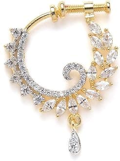 Delicate Gold Plated Contemporary Style American Diamond Embellished Designer Clip On/Non-Piercing Nose Pin/Nathani for Women and Girls Pack of 1