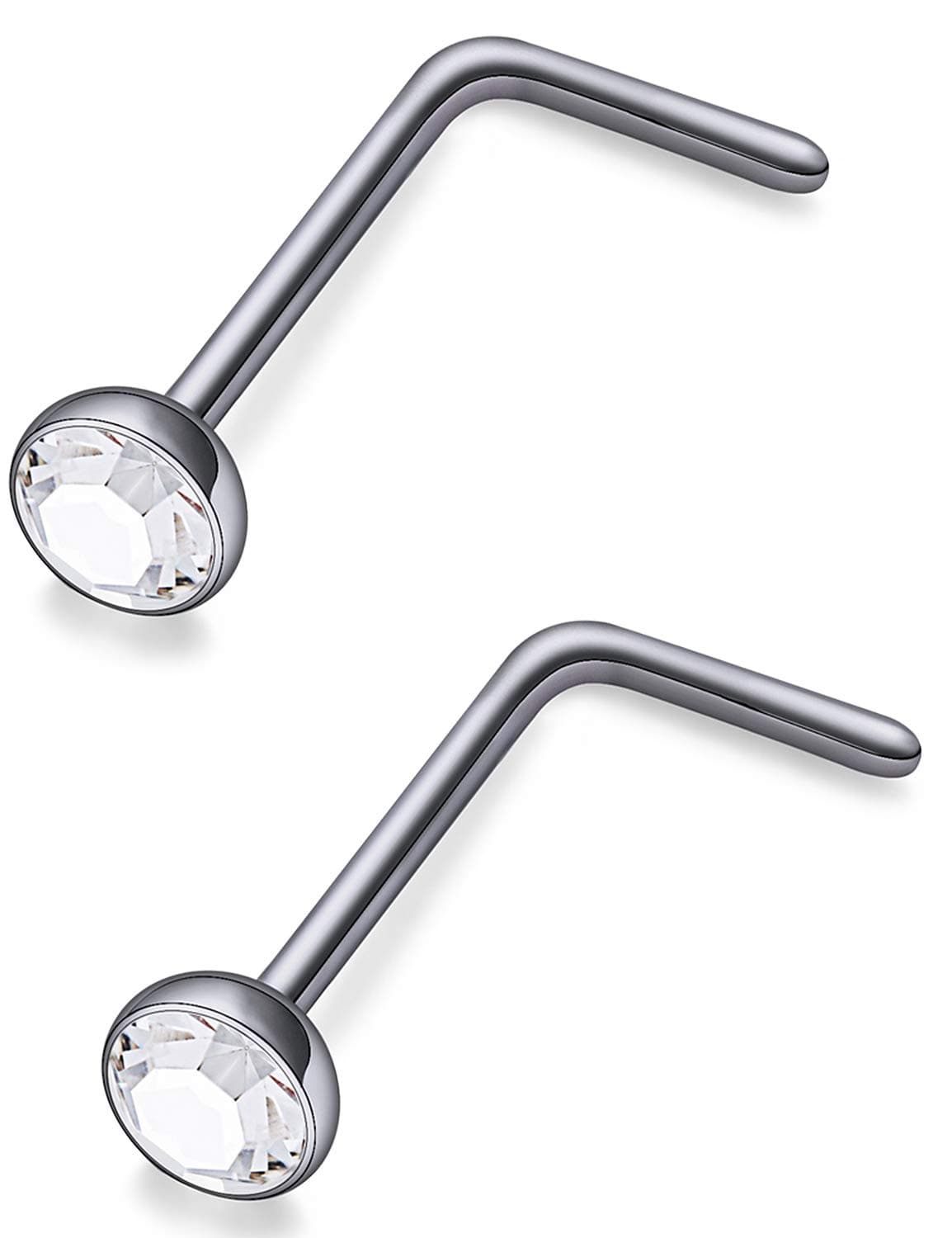 Hoeudjo Solid Grade 23 Titanium Press Fit Cubic Zirconia 2mm Micro Ball Top L Shaped/Screw/Bone Nose Ring Studs for Women Men