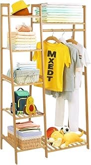 Wood Clothes Rack Garment Racks for Hanging Bamboo Clothing Rack with Shelves Corner Narrow Hanging Clothes Racks for Kids Clothes Organizer Small Space,Free Standing (Ladder Design)