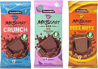 Feastables Mr Beast Chocolate Bars – NEW Deez Nuts Peanut Butter, New Crunch and Milk Chocolate (3 pack)