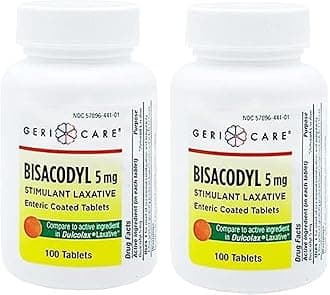 GeriCare Bisacodyl 5 mg Laxative Coated Tablet | Generic for Dulcolax | Stimulant Laxative | Gentle Overnight Constipation Relief 100 Count (Pack of 2)