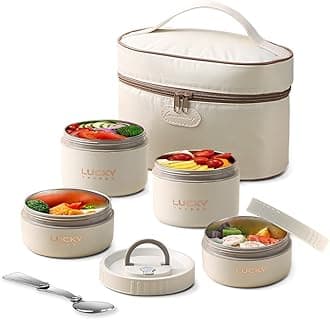 ArderLive Portable Insulated Lunch Container, Stackable Thermal Lunch Bento Box Set for Kids Adult Unisex, Beige 4Pcs 68oz