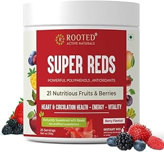 Rooted Actives Super Reds (250 g), 21 nutritious fruits, berries & Stevia (No Added Sugar) | Rich in antioxidants, flavonoids & polyphenols | Heart, Circulation health, Energy… (Super Reds)