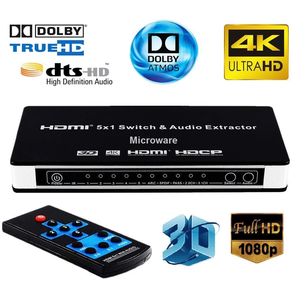 Microware Full HD HDMI Switch and Audio Extractor 4K x 2K 5x1 Support HDMI MHL with Wireless Remote Control Splitter Switcher