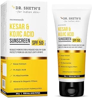 Dr. Sheth's Kesar & Kojic Acid Sunscreen SPF 50+ Pa++++ |In-Vivo Tested | For Pigmentation-Free Skin | Lightweight & Non Greasy | For UVA/UVB & Blue Light & IR Protection | No White Cast | For All Skin Types | For Men & Women | 30 g