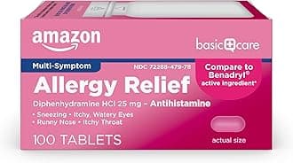 Amazon Basic Care Allergy Relief Diphenhydramine HCl 25 mg, Antihistamine Tablets for Symptoms Due to Hay Fever and Upper Respiratory Allergies, Mini-Tabs, 100 Count