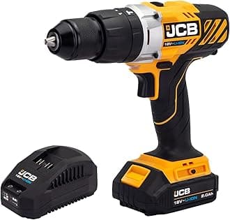 JCB 18V Cordless Combi Drill, 2.0ah Battery & Fast Charger, Variable Speed & Integrated LED Work Light, 16+3 Position Adjustable Torque, 3 Year Warranty