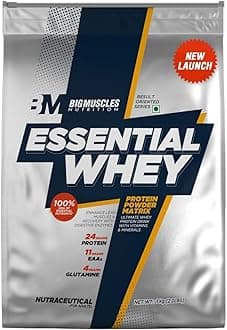 Bigmuscles Nutrition Essential Whey Protein 1Kg [Dutch Chocolate] | 24g Protein/serving with Digestive Enzymes,Vitamin & Minerals, No Added Sugar|Improved Strength, Faster Recovery & Muscle Building