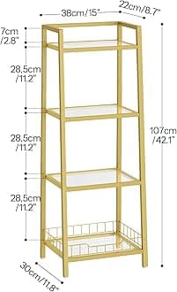 HOOBRO Gold Bookshelf, 4-Tier Tempered Glass Bookcase, Bathroom Storage Stand, for Bathroom, Bedroom, Living Room Modern Style, Gold GD79CJ01
