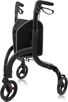 Premium 3 Wheel Rollator Walker for Seniors - Ultra Lightweight Foldable Walker for Elderly, Aluminum 8 Inch Tri-Wheel Modern Mobility Walking Aid, Brilliant Black