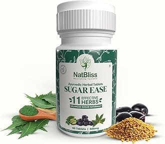 NATBLISS Sugar Ease Tablets | Ayurvedic Sugar Management Tablets |Neem, Vijaysar, Jamun, Gudmar & Methi | Helps to Reduce Post-Meal Sugar Spikes & Blood Sugar Regulation 60 Tablets