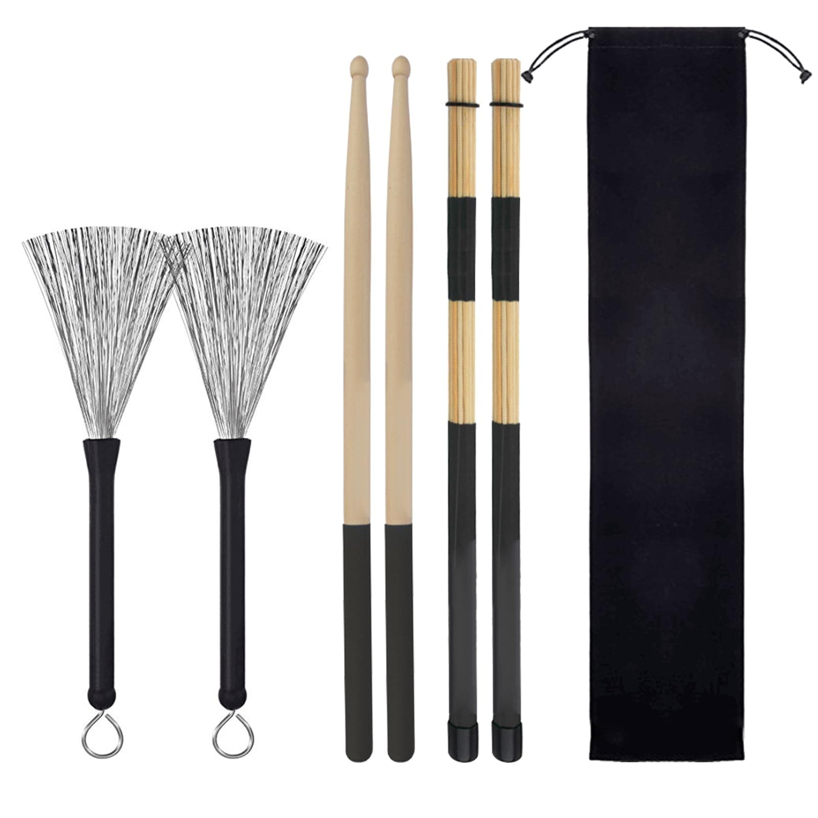 Drum Stick Set,1 Pair 5A Classic Maple Wood Drum Sticks and 1 Pair Retractable Drum Wire Brushes and 1 Pair Rods Drum Brushes with Storage Bag for Rock Band,Jazz Folk Total 3 Pairs