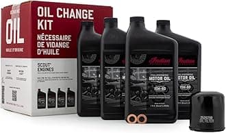 Indian Motorcycle Oil Change Kit for All 60 & 69 Cu In Liquid-Cooled Scout Engines, 4 Quarts 15W-60 Full Synthetic Oil, 1 Oil Filter, 2 Washers, Clutch Performance, Engine Protection - 2880191