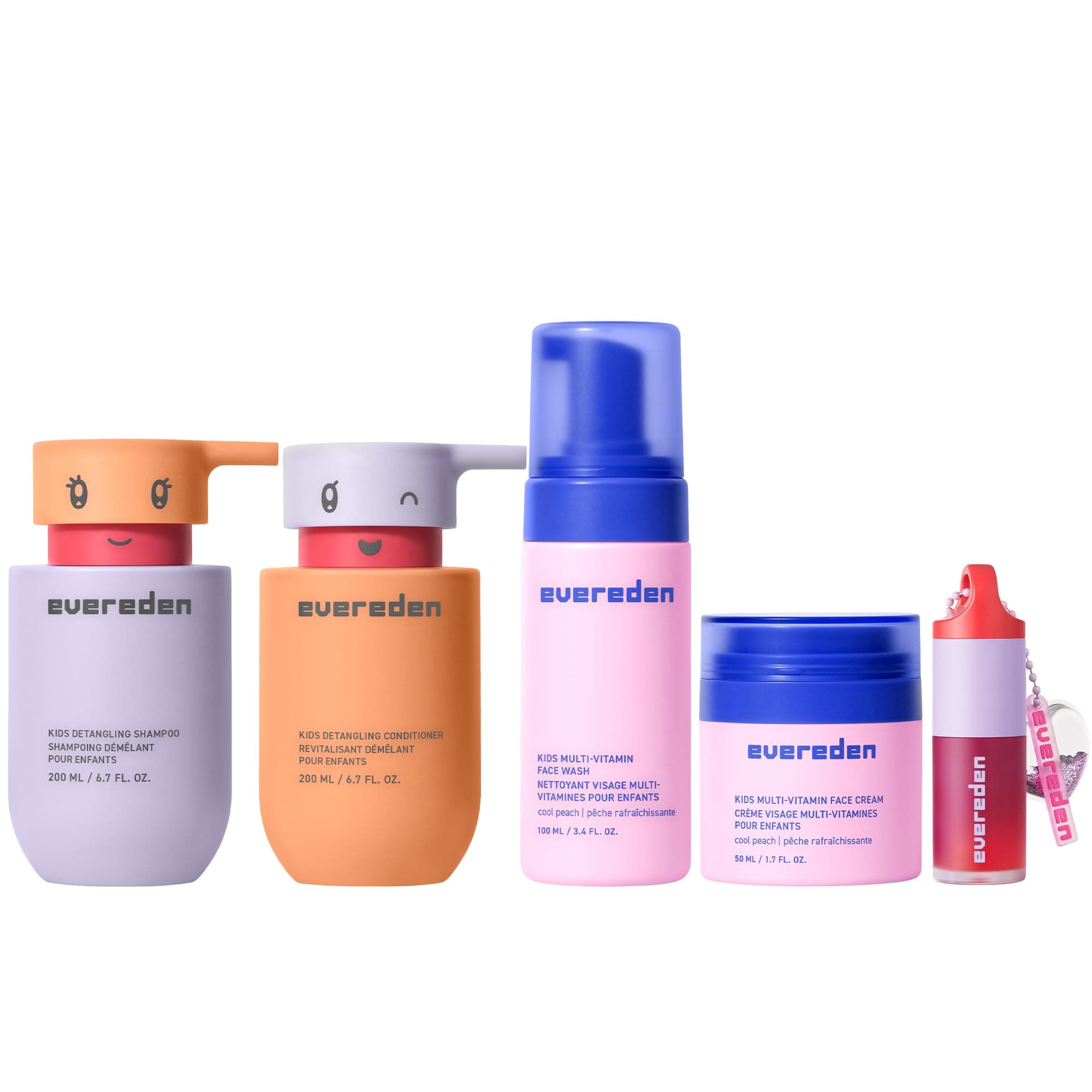 Evereden Kids Routine Bundle & Non-Toxic Lip Gloss - Happy Hair Duo Detangling Kids Shampoo and Conditioner + Happy Face Duo Face Wash for Kids and Multi-Vitamin Kids Face Cream + Tinted Lip Gloss