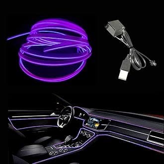 El Wire Purple Interior Car LED Strip Lights, 5M Neon Wire USB 5V with Fuse Protection for Automotive Car Interior Decoration with 6mm Sewing Edge
