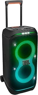- JBL PartyBox Stage 320 - Portable Party Speaker with Telescopic Handle & Wide, Sturdy Wheels, Powerful JBL Pro Sound, Futuristic lightshow, Up to 18 Hours of Play time, Splash Proof (Black)