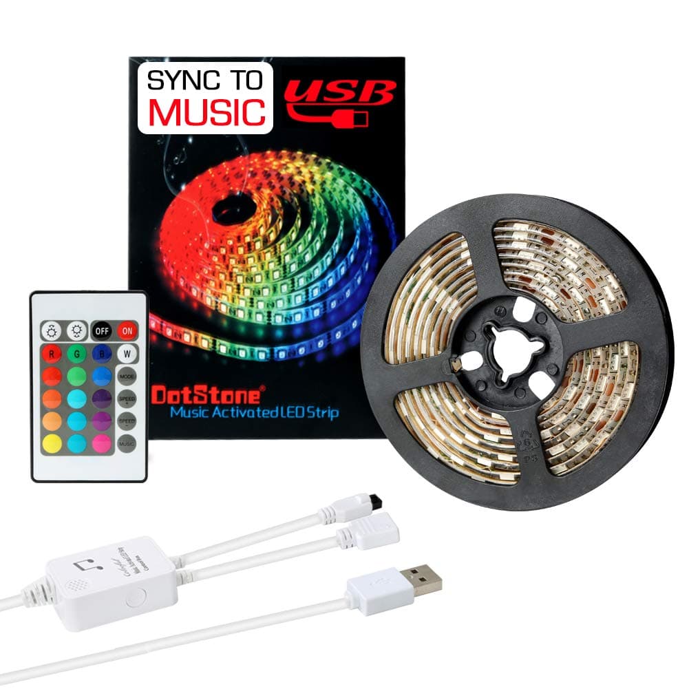 LED Strip Lights Sync Music 6.6FT/2M 5V USB Powered Light Strip 5050 RGB Light Color Changing with Music IP65 Waterproof LED String Lights Kit with IR Controller by DotStone