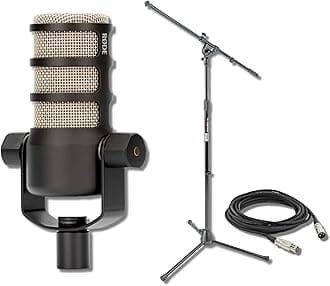 Rode PodMic Cardioid Dynamic Broadcast Microphone with On-Stage Stands MS7701B Tripod Mic Stand and XLR Cable
