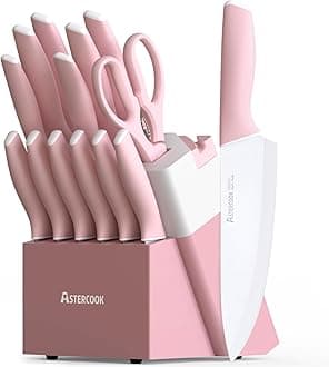 AstercookKnife Set, Kitchen Knives Set with Block and Sharpener Ceramic Coating 15 Pcs German Stainless Steel Knives Sharp Blade Dishwasher Safe Knife Block Set with Ergonomic Handle, Crystal Pink