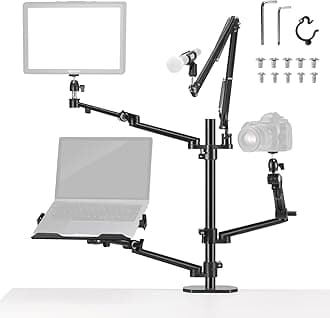 Overhead Camera Stand Desk Mount Rig with 4 Boom Arms for Photography Video Light Ring Light Mount Webcam Mic Compact DSLR for Live Streaming Broadcast Online Teaching Meeting, DS007