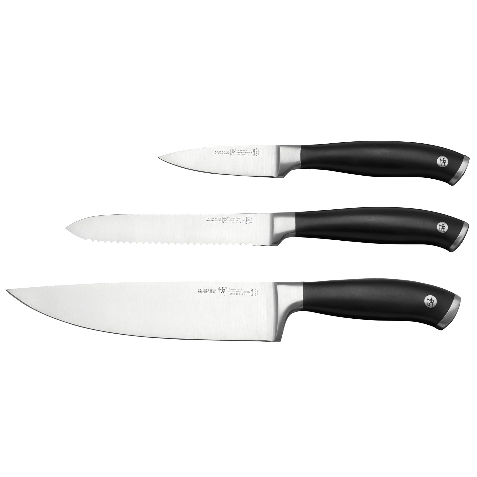 HENCKELS Forged Elite Razor Sharp, 3 Piece Kitchen Knife Set, Chef's Knife, Paring Knife, Bread Knife, German Engineering, Informed of Over 100 Years of Championship