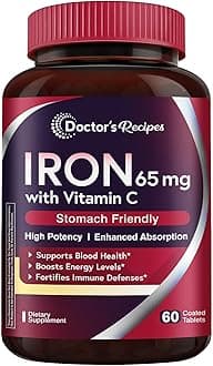 Iron 65 mg Carbonyl Iron with Vitamin C, Maximized Absorption Easy on The Stomach, Red Cells Formation, Blood, Heart, Brain, Muscle & Immunity Health, Vegan Non-GMO 60 Tablets