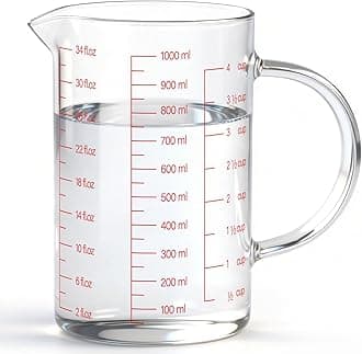 Luvan 34OZ/1000ML Glass Measuring Cup, 4 Cup Glass Measuring Cups With 3 Scales (Ml/Oz/Cup), High Borosilicate Measuring Cup With Handle and V-Shaped Spout, Dishwasher/Freezer/Microwave Safe