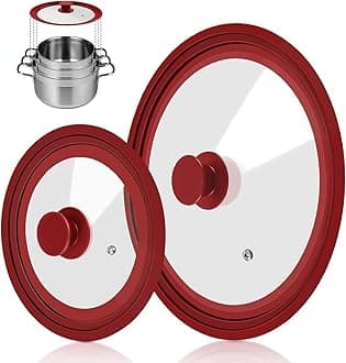 2 Pack Universal Lid for Pots Pans, Anti-scalding Pot Lid, Pan Cover Fit 7", 8", 9" & 10", 11", 12" Diameter Cookware, Replacement Pans Lid with Tempered Glass and Heat Resistant Silicone Rim (Red)
