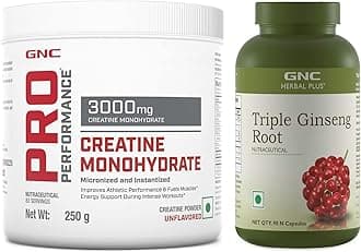 GNC Herbal Plus Triple Ginseng Root - 90 Vegetarian Capsules (Pack of 1) & GNC Pro Performance Creatine Monohydrate, (Unflavoured, 250 gm Powder)