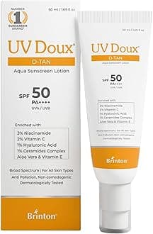UV Doux D-Tan Aqua Sunscreen Lotion Enriched with Enriched with 3% Niacinamide, 2% Vitamin C, 1% Hyaluronic Acid, 1% Ceramide, Aloe Vera & Vitamin E SPF 50 PA++++ Broad Spectrum, 50 ml