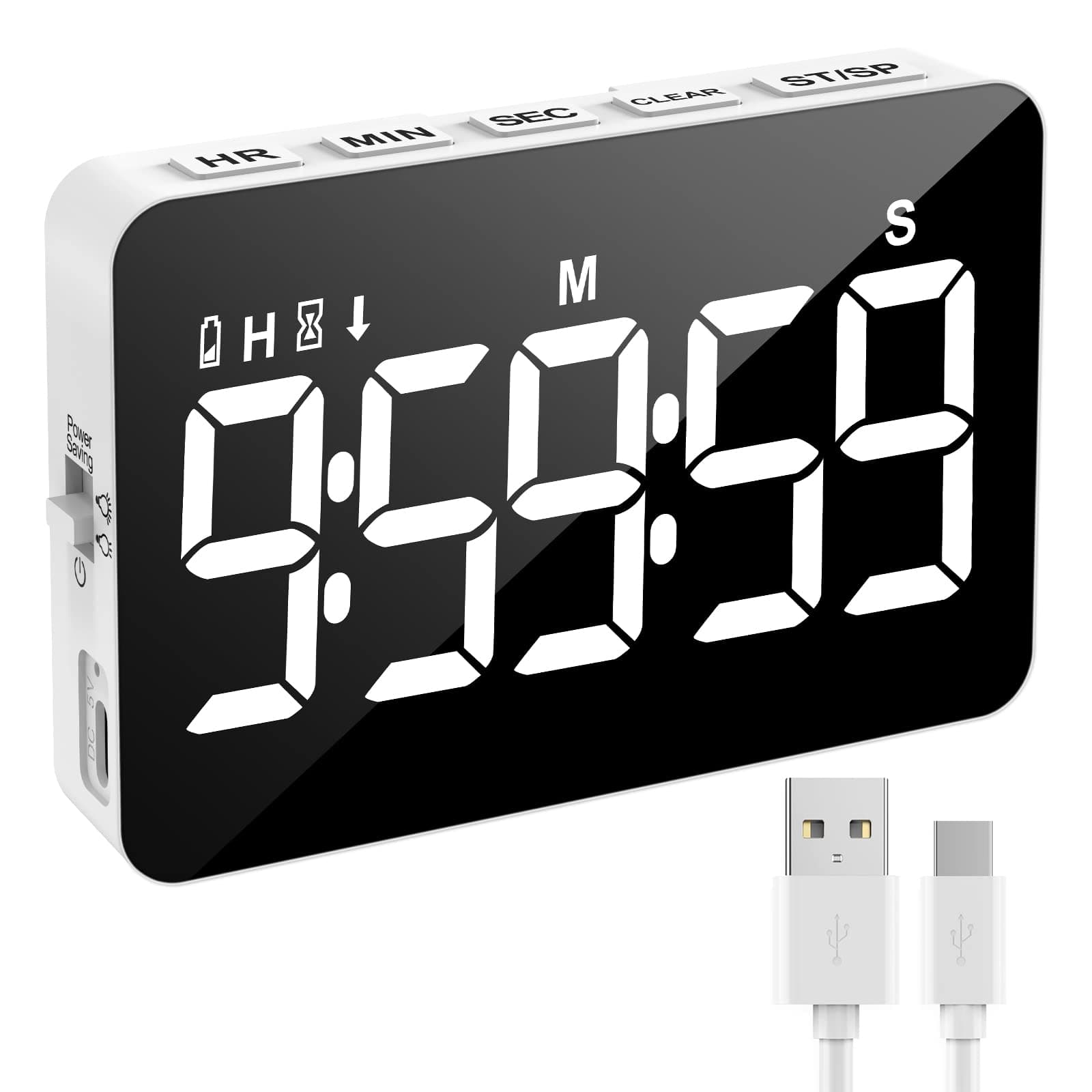 Rechargeable Digital Kitchen Timer for Cooking, Magnetic Timers with Countdown/up, Kids Timer with 5”LED Display 3 Brightness 4 Volume Adjustable for Classroom/Office/Home/Work/Study/Fitness/Game