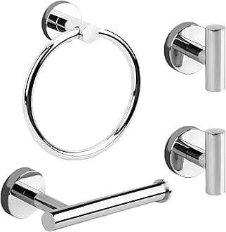 4 Pieces Polished Chrome Bathroom Hardware Set,Toilet Paper Holder and Hand Towel Holder Set, Towel Ring Wall Mounted, Stainless Steel Bathroom Accessories Set Silver