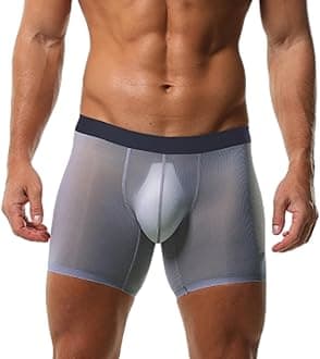 Evankin Men's Boxer Brief Underwear Ice Silk Mesh See Through Underpants Sports Extended Anti Crotch Shorts Running