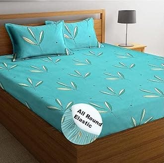 BSB HOME Premium Cotton Elastic Fitted Bedsheets with 2 King Size Pillow Covers | Double Bed with All Around Elastic 180 TC Supersoft |Sizex78+10 inches | Light Green